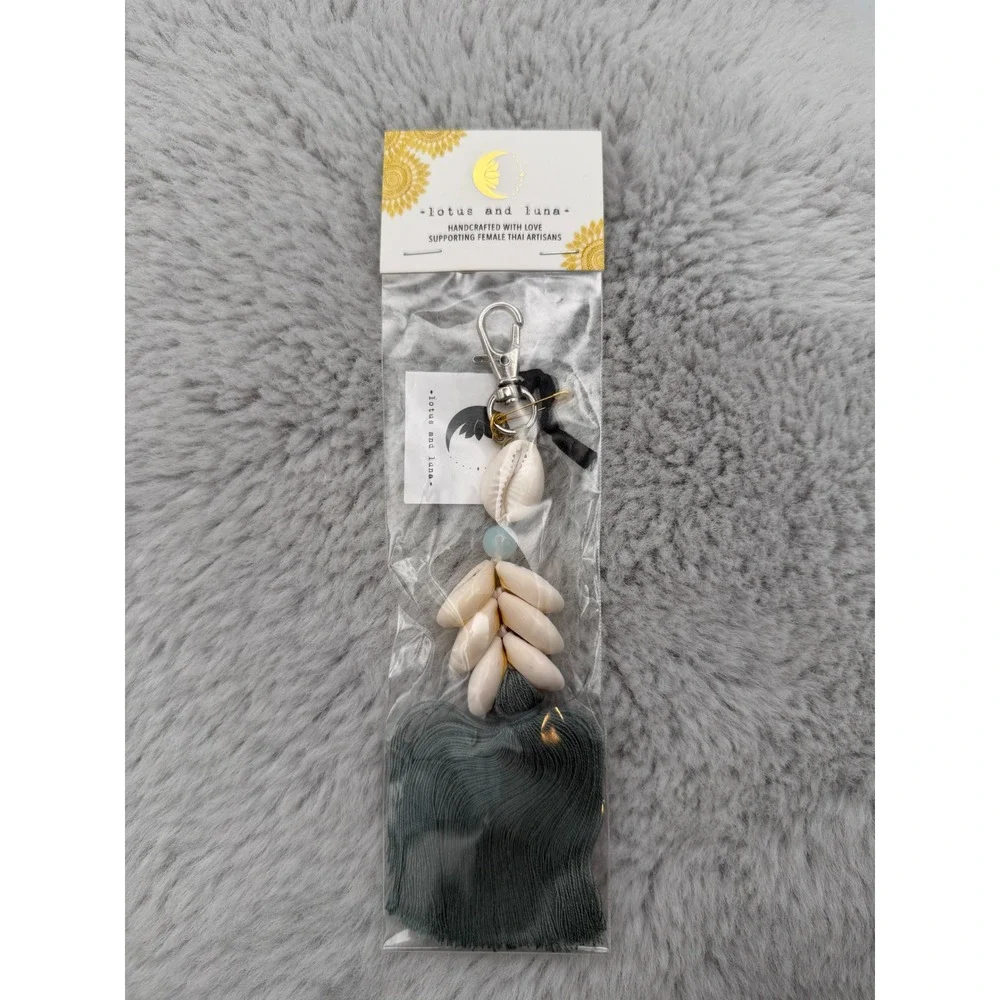 Lotus and Luna Keychain OS Charcoal Grey Cowrie Shell Moonstone Tassel NEW